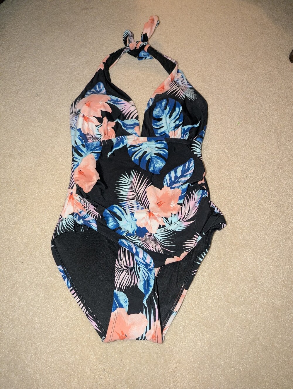 Nwt DKNY Women's One Piece Tummy Control Halter Neckline Floral Swimsuit Sz L